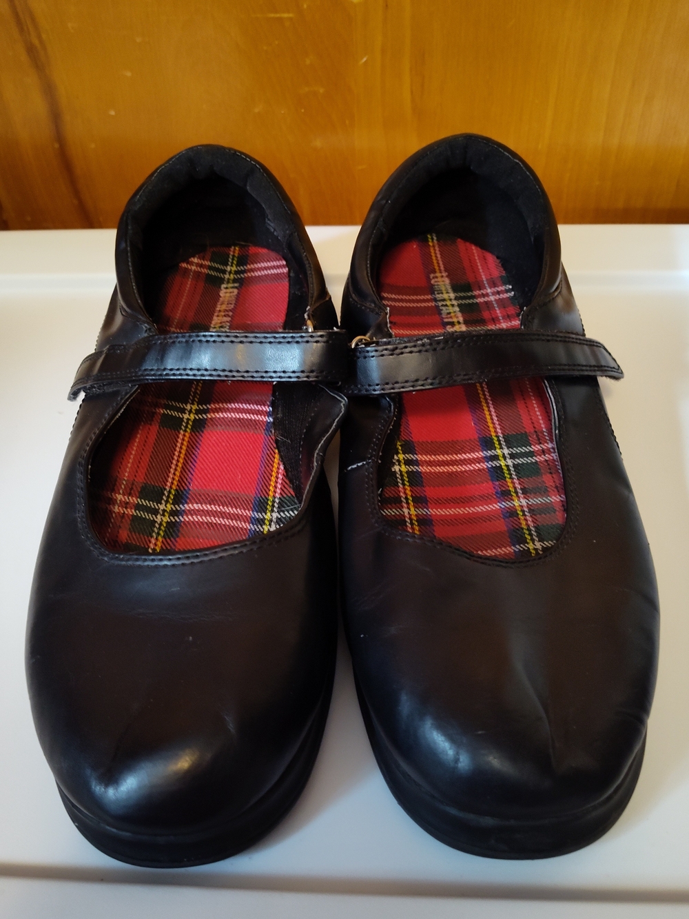 The Lower Eastside Black Leather Mary Jane Shoes with Red Plaid Insole